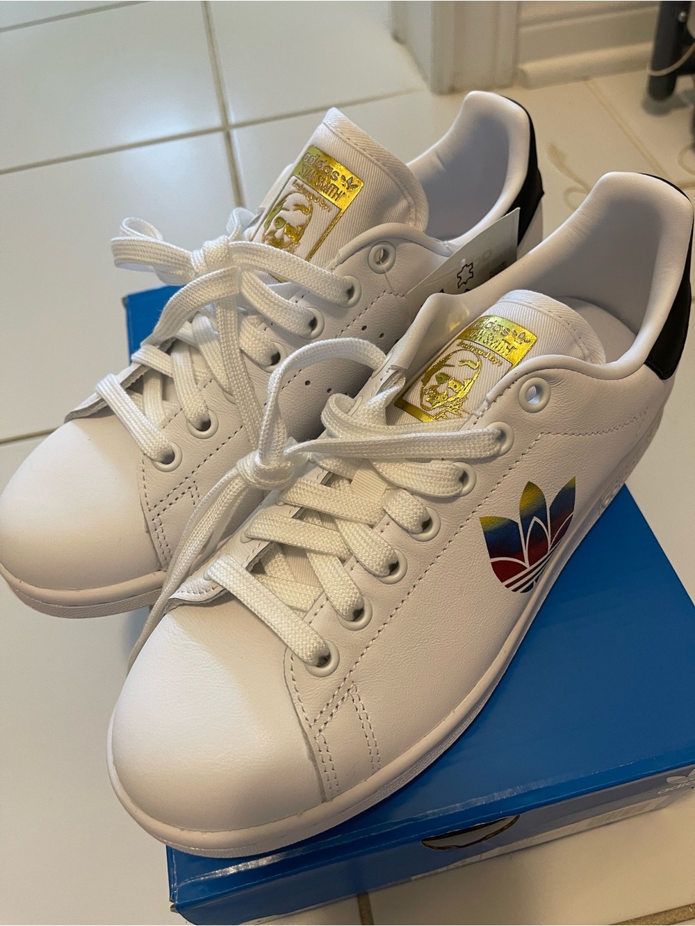 adidas White Leather Sneakers with Multicolor Trefoil